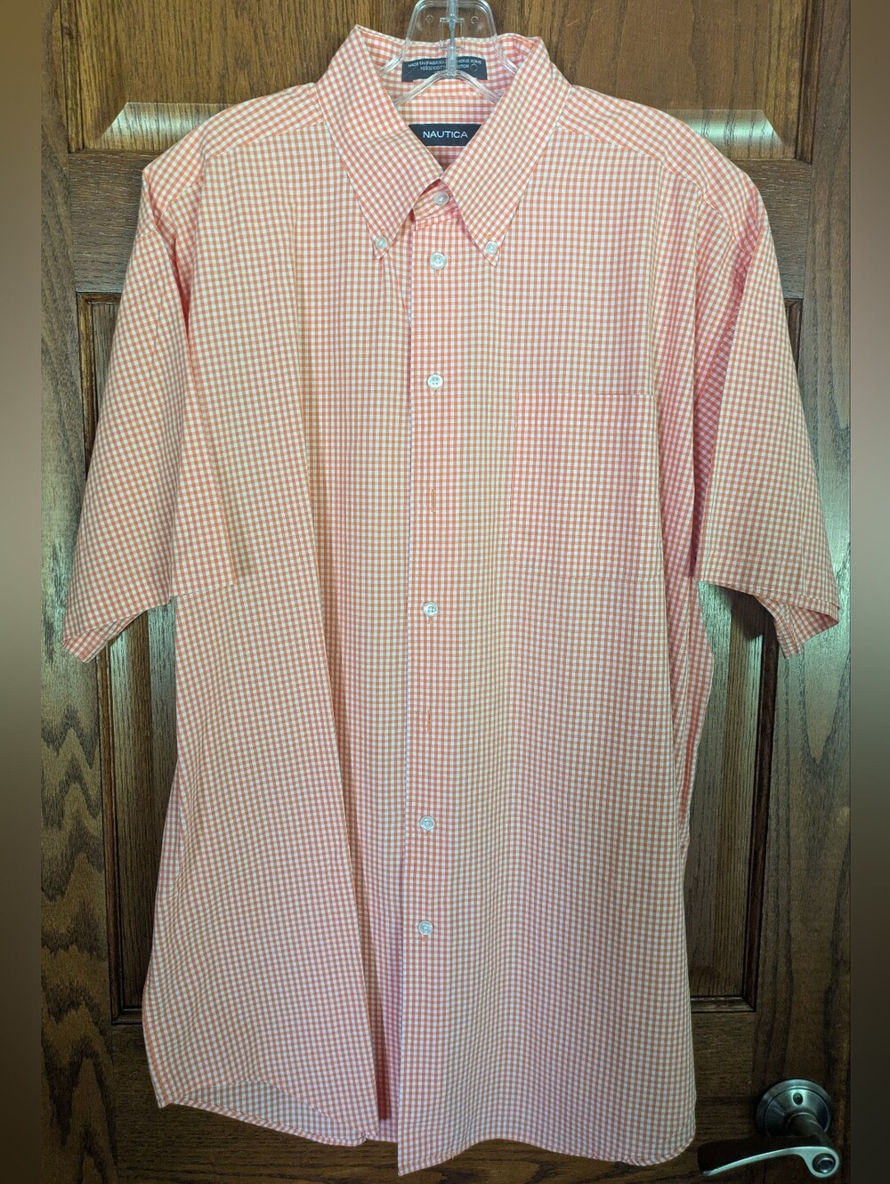Nautica Orange and White Gingham Short-Sleeve Button-Down Shirt - Size 17 (XL)